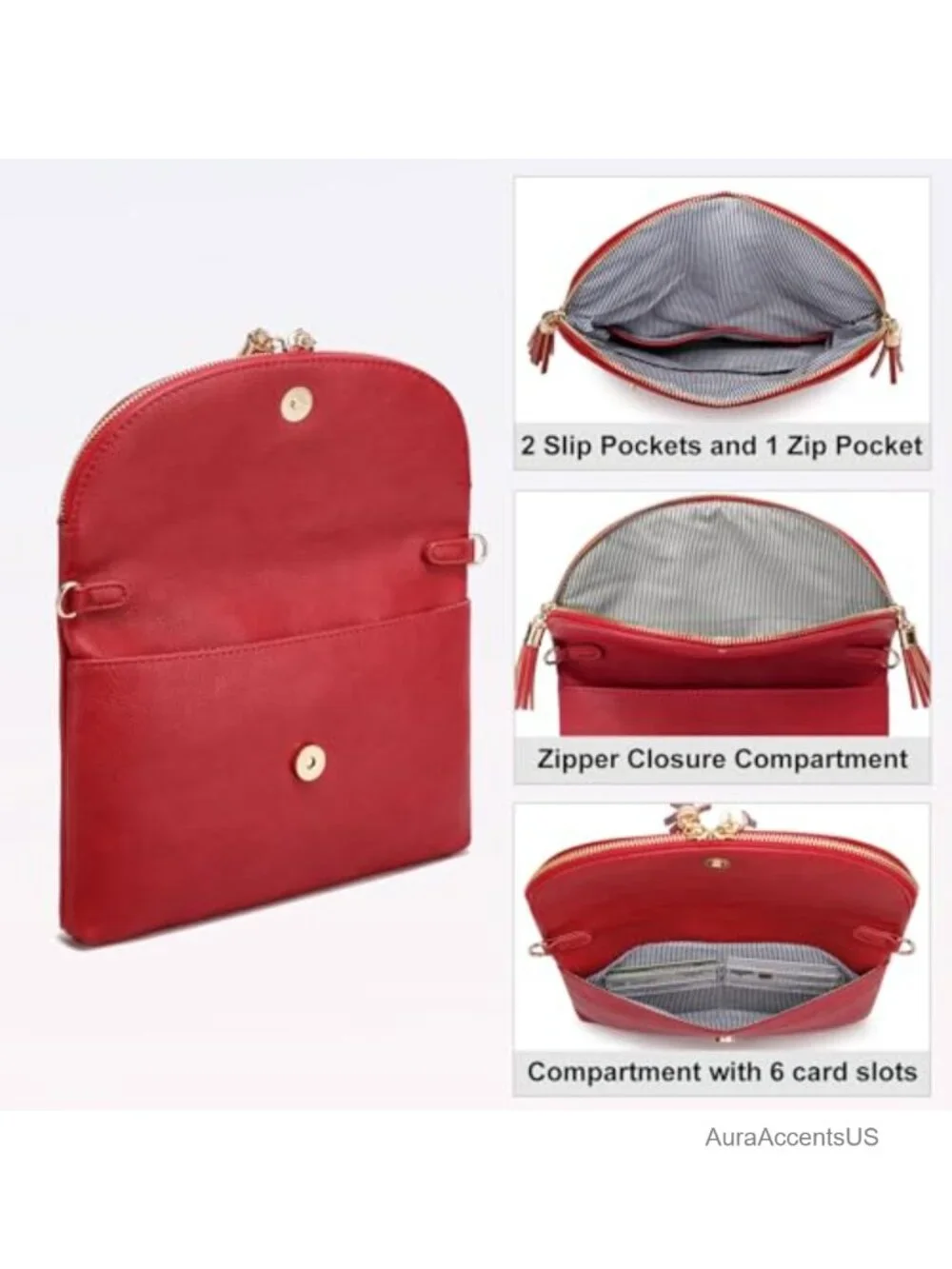 Women's Envelope Clutch Purse Faux Leather Crossbody Bag 6 Card Slots